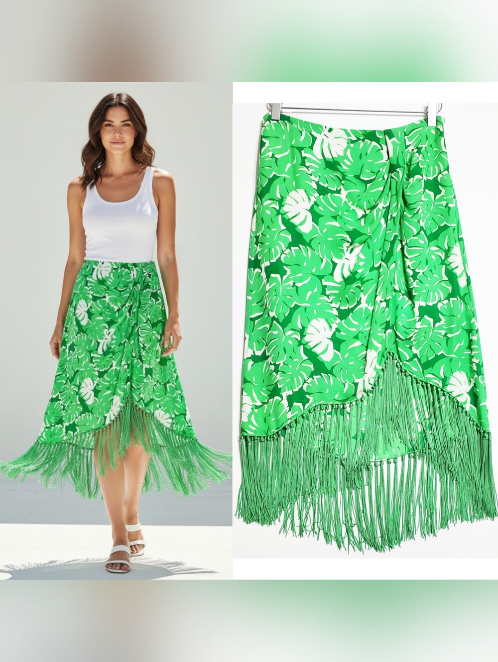 Michael Kors sz 6 silk midi skirt fringe tropical green Hawaiian fair isle boho